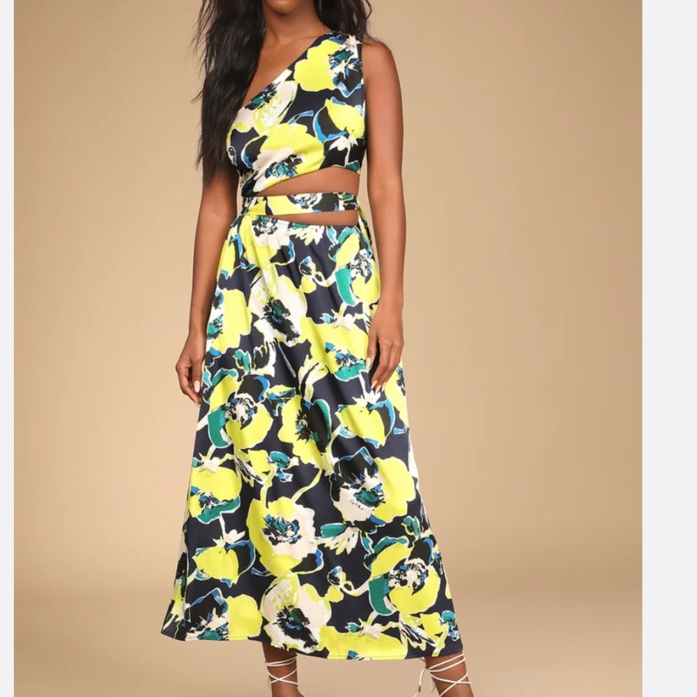 Lulus Key West Crush Black Multi Floral Print Asymmetrical Midi Dress sz XL